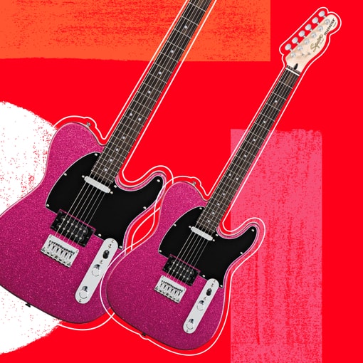 Two pink electric guitars with an abstract red background